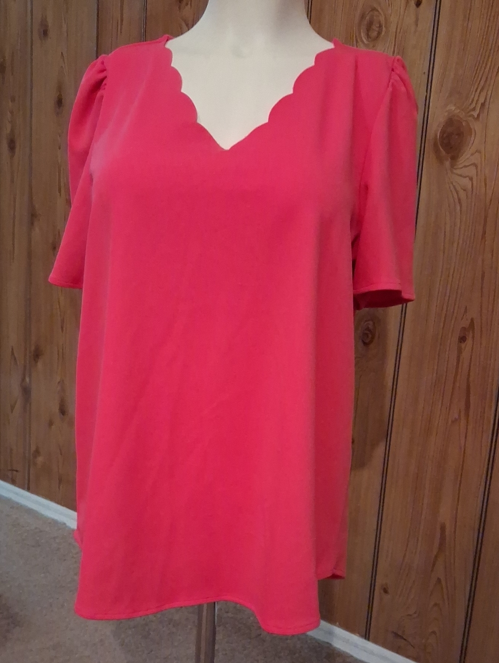 JODIFL Scalloped V-Neck Short Sleeve Top in Hot Pink